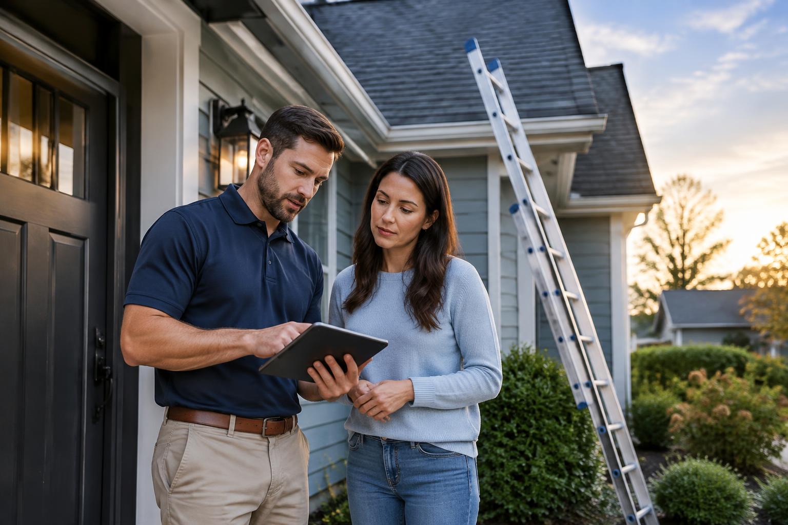 Home improvement sales professional meeting with a homeowner outside a home